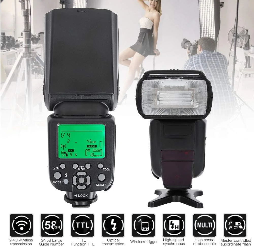 فلاش بی‌سیم 2.4G با سرعت 1/8000 ثانیه TTL GN58 مستر/اسلیو با صفحه نمایش LCD چرخان برای دوربین SLR، پشتیبانی از سرعت بالا و پیوسته