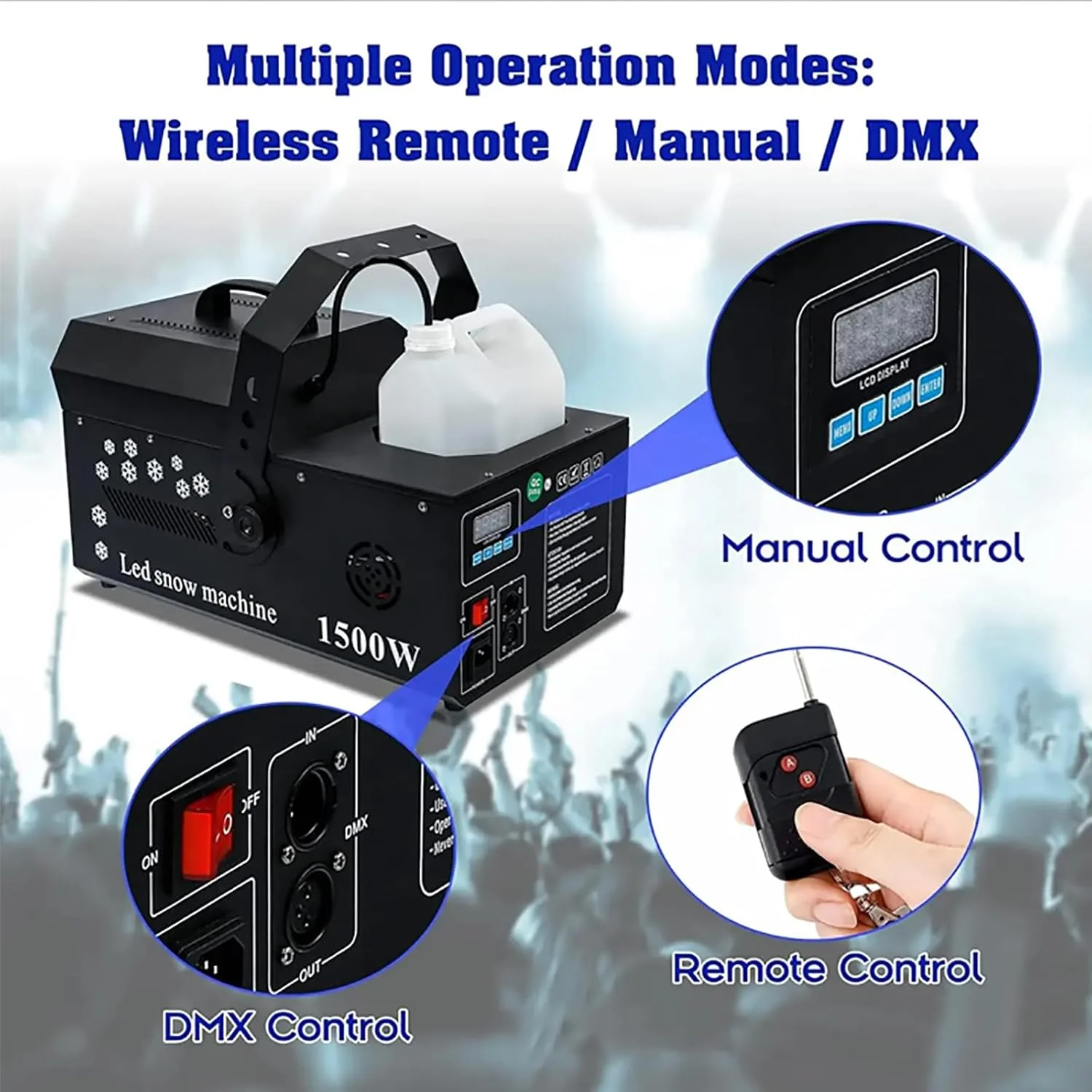 دستگاه برف ساز، دستگاه برف ساز کنترل از راه دور DMX 3 در 1، دستگاه برف ساز مصنوعی 1500 وات با 12 چراغ LED RGB و ظرفیت بزرگ 5 لیتری، برای جشن عروسی کریسمس کودکان و جلوه های صحنه