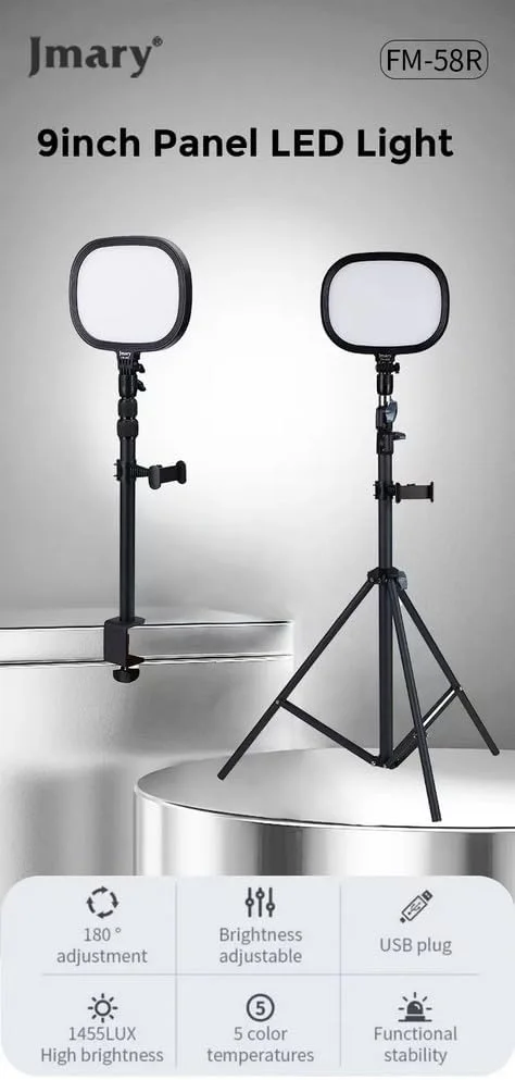 نور پنلی LED قابل تنظیم حرفه ای و قابل حمل Jmary FM-58R نه اینچی به همراه گیره موبایل و دکمه ثابت