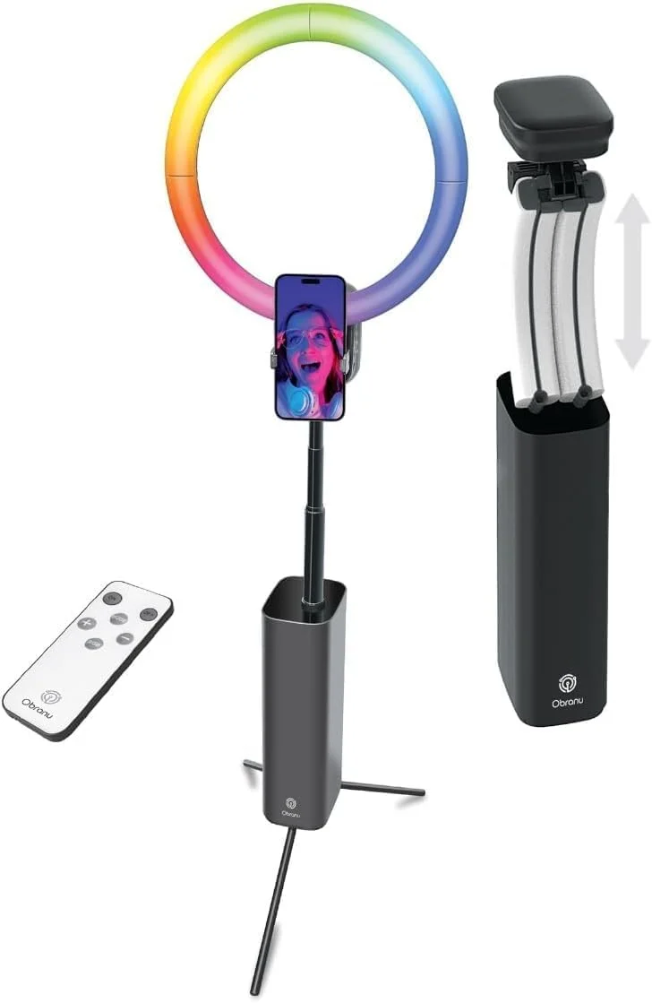 رینگ لایت تاشو 12 اینچی Obranu با پایه سه پایه و گیره تلفن | نور سلفی با 9 رنگ RGB، 3 حالت نور سفید و ریموت کنترل بی سیم برای ولاگ، رسانه های اجتماعی، ضبط تماس های ویدیویی و عکاسی