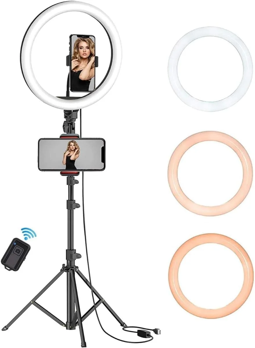 مجموعه رینگ لایت استودیویی به همراه سه پایه - چراغ LED دایره ای با قابلیت تنظیم نور، رنگ ها، کنترل از راه دور، پایه قابل افزایش طول. ایده آل برای آرایش، یوتیوب، تیک تاک، پخش زنده به همراه نگهدارنده تلفن
