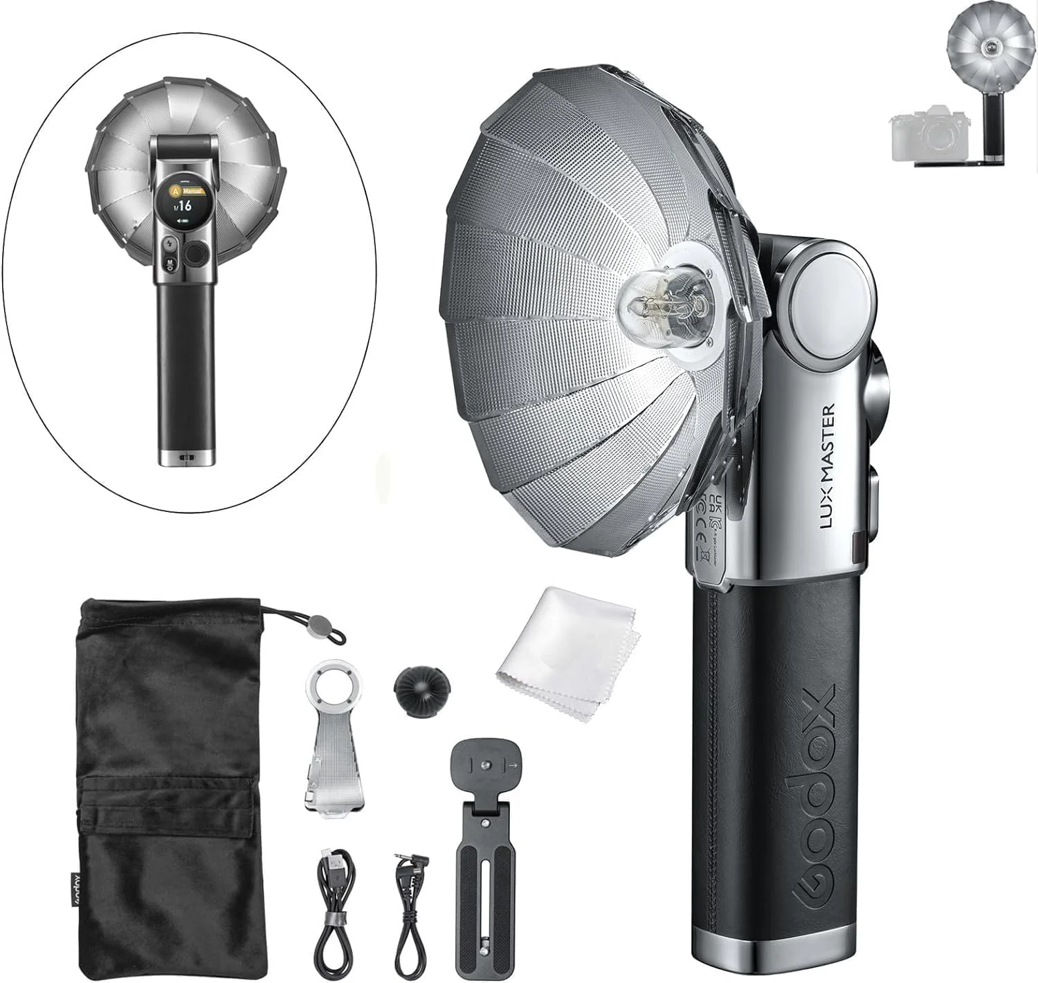 فلاش دوربین رترو گودکس Lux Master TTL با کنترل لمسی، دمای رنگ 6000K±300k، عدد راهنمای 25 در توان کامل 460، کنترل نوری S1/S2، شارژ Type-C، برای دوربین های کانن، نیکون، سونی و سایر دوربین ها