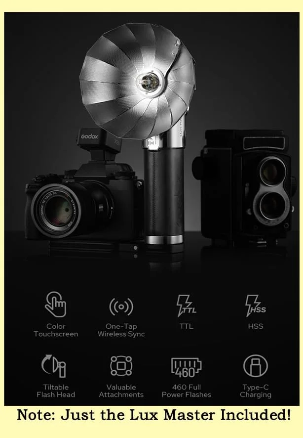 فلاش دوربین رترو گودکس Lux Master TTL با کنترل لمسی، دمای رنگ 6000K±300k، عدد راهنمای 25 در توان کامل 460، کنترل نوری S1/S2، شارژ Type-C، برای دوربین های کانن، نیکون، سونی و سایر دوربین ها