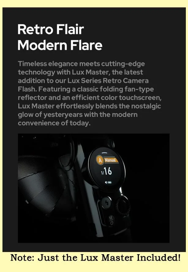 فلاش دوربین رترو گودکس Lux Master TTL با کنترل لمسی، دمای رنگ 6000K±300k، عدد راهنمای 25 در توان کامل 460، کنترل نوری S1/S2، شارژ Type-C، برای دوربین های کانن، نیکون، سونی و سایر دوربین ها