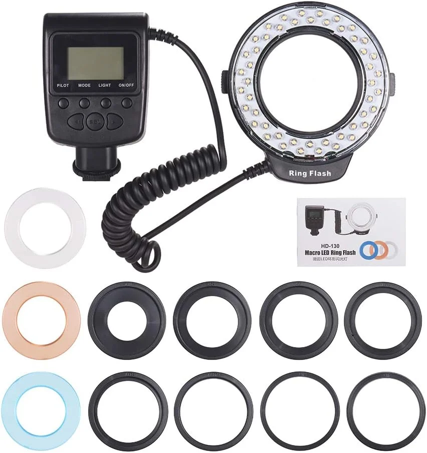 فلاش حلقه ای LED ماکرو Pepisky HD-130 با صفحه نمایش LCD، کنترل قدرت GN15 با 3 عدد پخش کننده نور و 8 حلقه آداپتور برای دوربین ها
