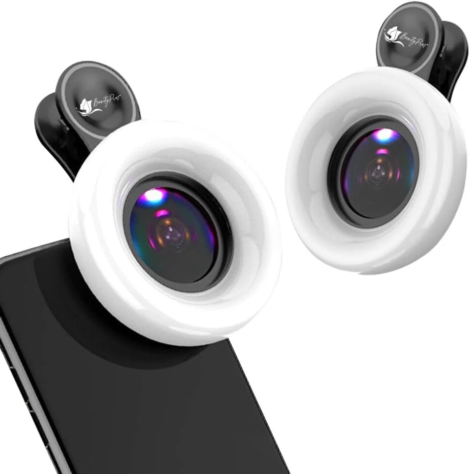 لنز ماکرو برای آیفون و اندروید به همراه نور حلقه ای گیره ای کوچک، نور حلقه ای قابل شارژ و کم نور شونده قابل حمل برای عکاسی از نمای نزدیک، ضبط ویدیو و ولاگ (مشکی)