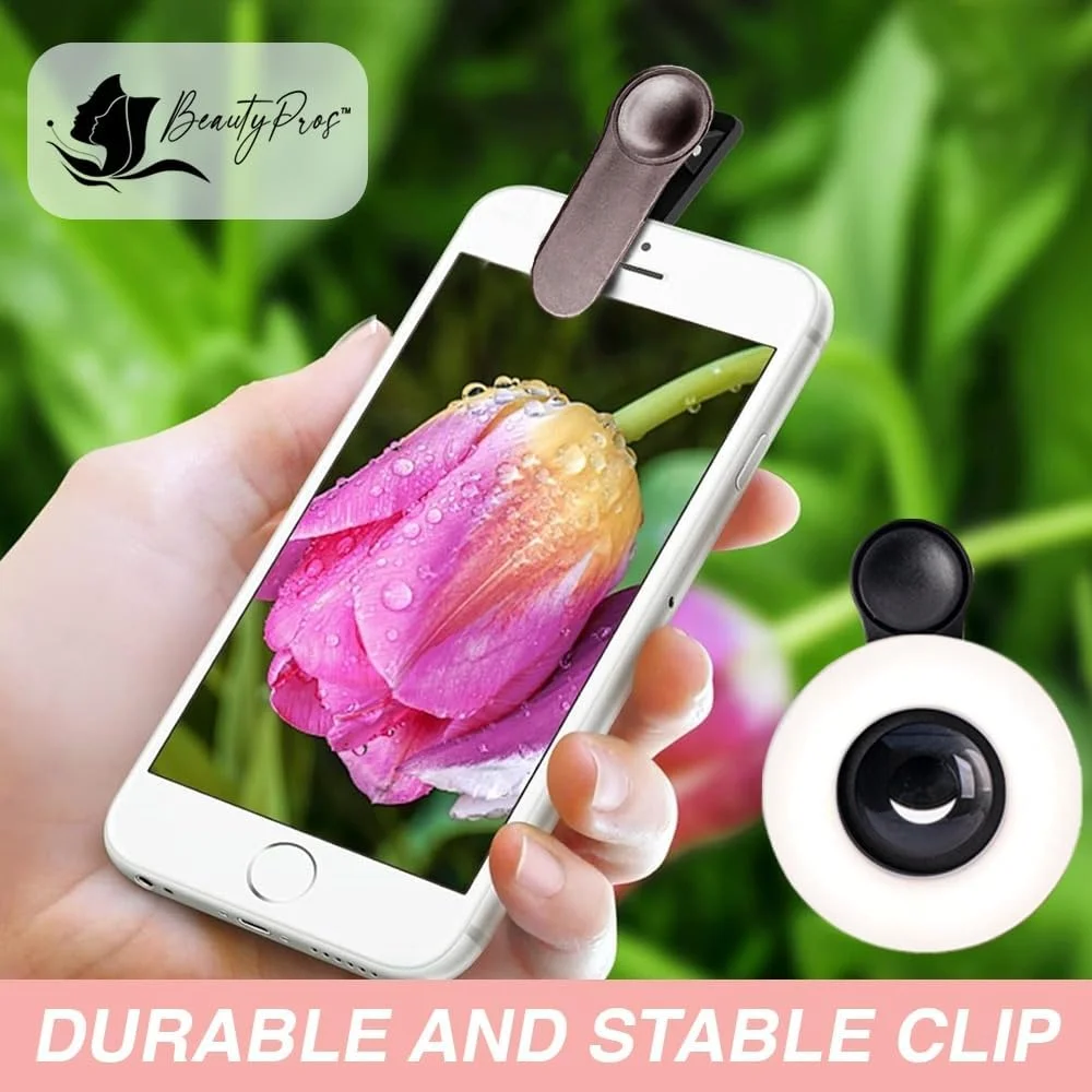 لنز ماکرو برای آیفون و اندروید به همراه نور حلقه ای گیره ای کوچک، نور حلقه ای قابل شارژ و کم نور شونده قابل حمل برای عکاسی از نمای نزدیک، ضبط ویدیو و ولاگ (مشکی)