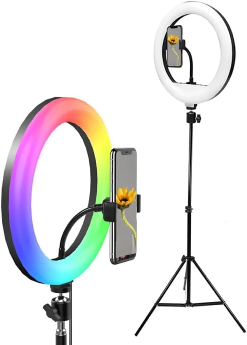 حلقه نور ال ای دی 10 اینچی قابل تنظیم با 40 رنگ RGB برای یوتیوب و سلفی، نور دایره ای بلند برای ویدیوهای آرایش دوربین، حلقه نور با نگهدارنده تلفن و پایه سه پایه برای جلسات زوم و پخش زنده حلقه نور ال ای دی 10 اینچی قابل تنظیم با 40 رنگ RGB برای یوتیوب و سلفی، نور دایره ای بلند برای ویدیوهای آرایش دوربین، حلقه نور با نگهدارنده تلفن و پایه سه پایه برای جلسات زوم و پخش زنده
