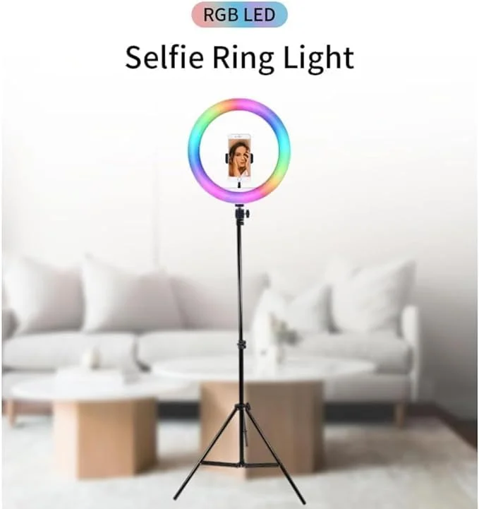 حلقه نور ال ای دی 10 اینچی قابل تنظیم با 40 رنگ RGB برای یوتیوب و سلفی، نور دایره ای بلند برای ویدیوهای آرایش دوربین، حلقه نور با نگهدارنده تلفن و پایه سه پایه برای جلسات زوم و پخش زنده