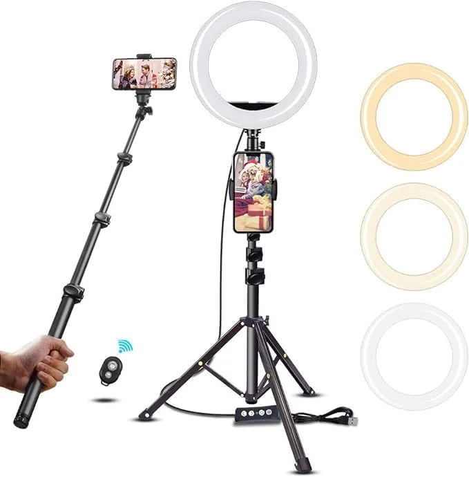 رینگ لایت 8 اینچی با پایه: رینگ لایت LED با سه پایه و نگهدارنده تلفن همراه برای پخش زنده، آرایش، عکاسی، فیلمبرداری - سازگار با اکثر تلفن های هوشمند