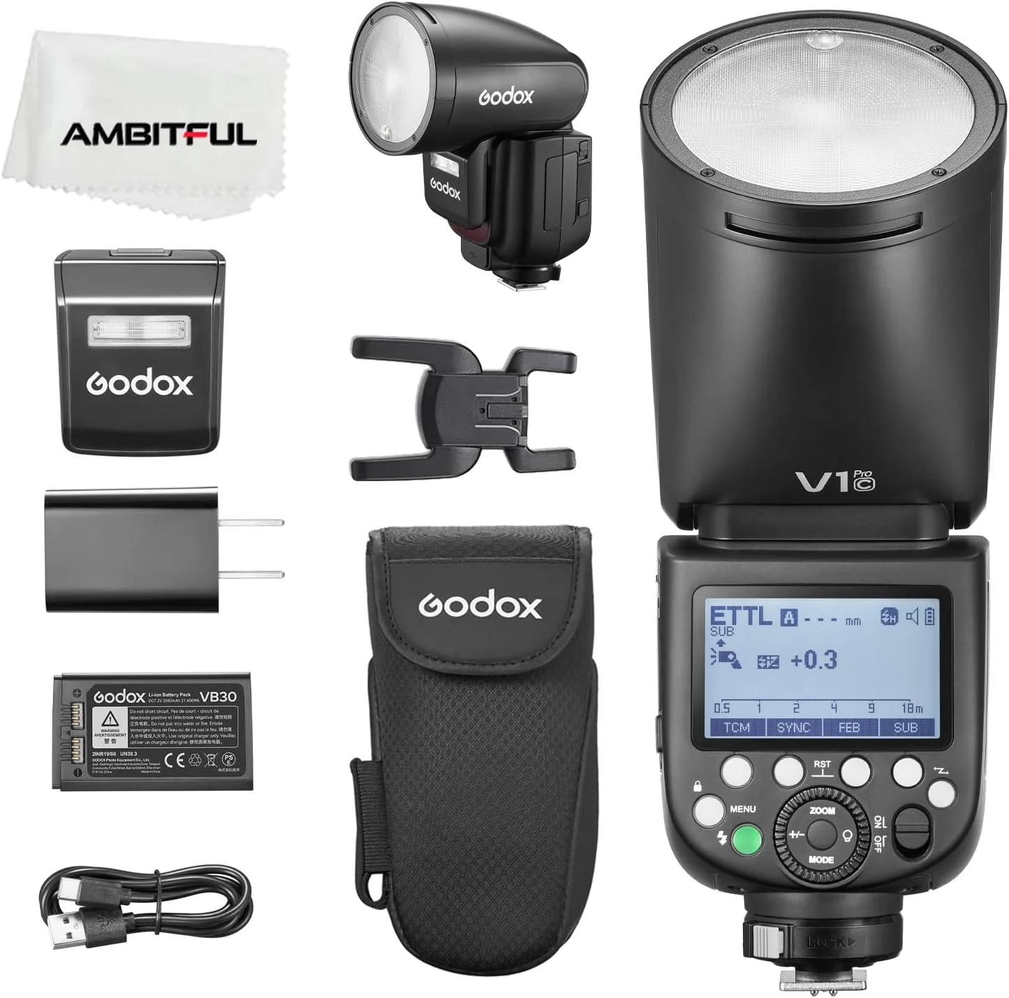 فلاش دوربین گرد Godox V1Pro C با هد گرد، 2.4G X Wireless HSS 76Ws E-TTL Li-ion به همراه فلاش اکسترنال SU-1 برای Canon