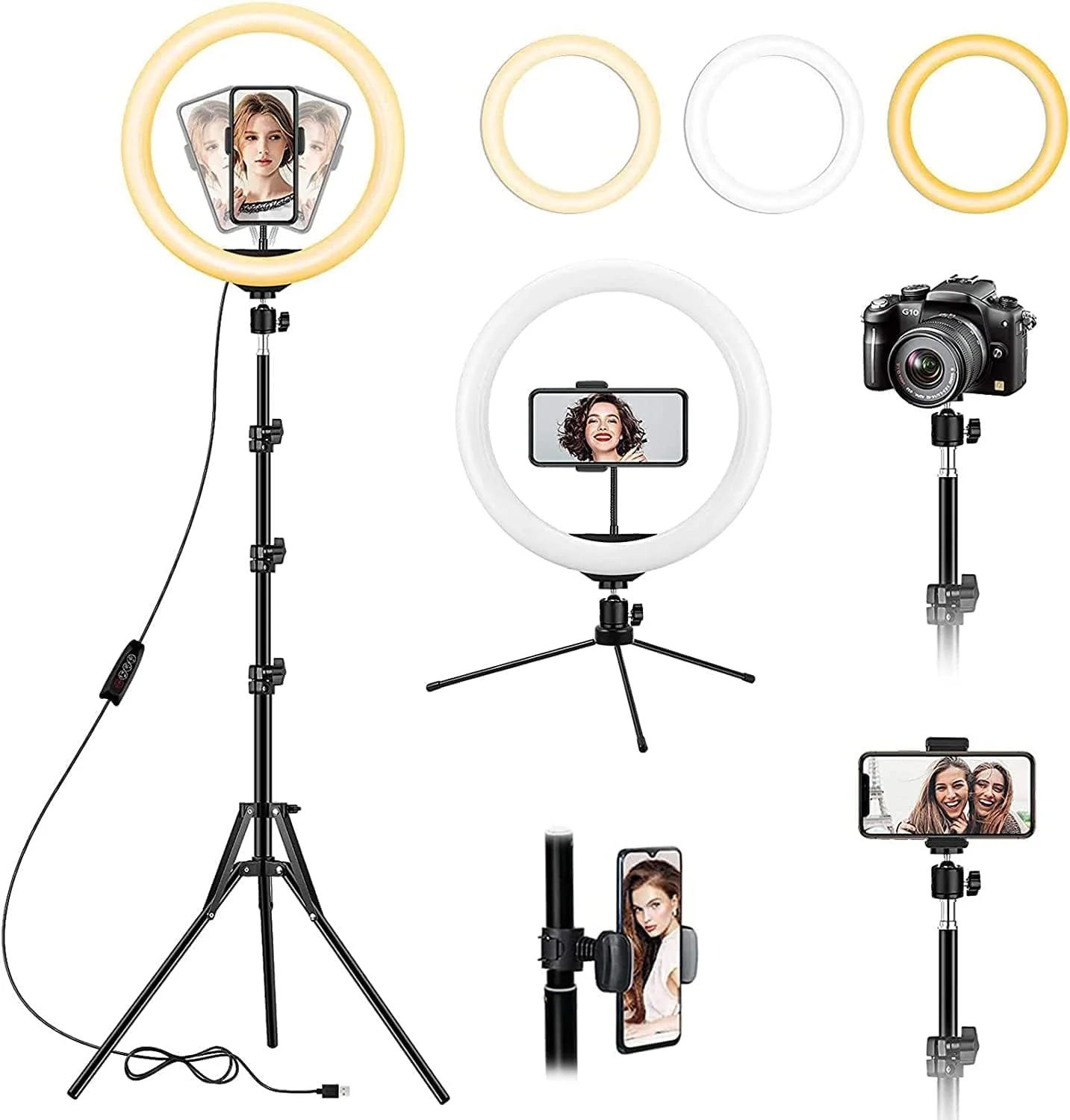 نور حلقه ای 12 اینچی RYN با سه پایه زمینی و پایه رومیزی، چراغ دایره ای LED با نگهدارنده تلفن، برای عکس سلفی، ضبط ویدئو، جلسات زوم (F 12 اینچ)