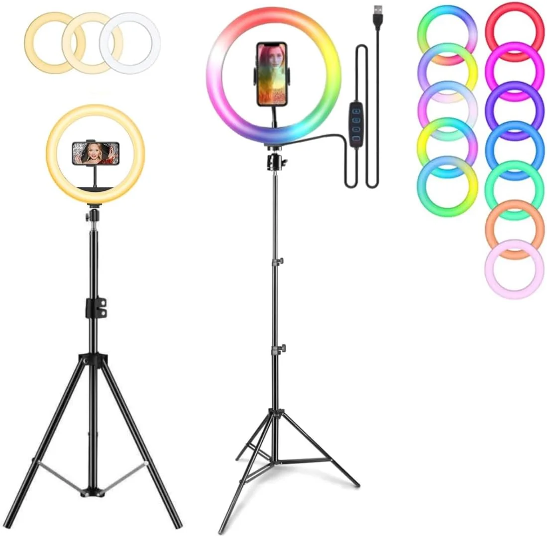 حلقه نور ۱۳ اینچی RGB DIGI CORE با پایه سه پایه به ارتفاع ۲.۱ متر، نور سلفی و نگهدارنده تلفن ۳۶۰ درجه برای پخش زنده، یوتیوب، اینستاگرام و ساخت ویدیو تیک تاک