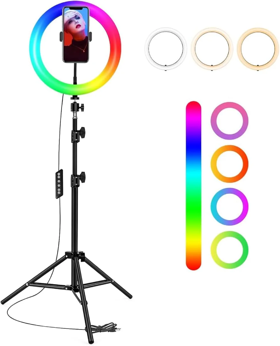حلقه نور ۱۳ اینچی RGB DIGI CORE با پایه سه پایه به ارتفاع ۲.۱ متر، نور سلفی و نگهدارنده تلفن ۳۶۰ درجه برای پخش زنده، یوتیوب، اینستاگرام و ساخت ویدیو تیک تاک