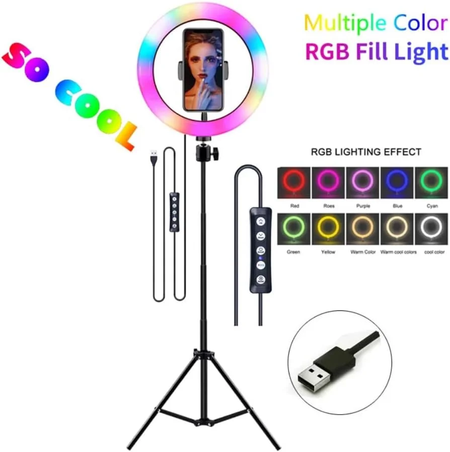 حلقه نور ۱۳ اینچی RGB DIGI CORE با پایه سه پایه به ارتفاع ۲.۱ متر، نور سلفی و نگهدارنده تلفن ۳۶۰ درجه برای پخش زنده، یوتیوب، اینستاگرام و ساخت ویدیو تیک تاک