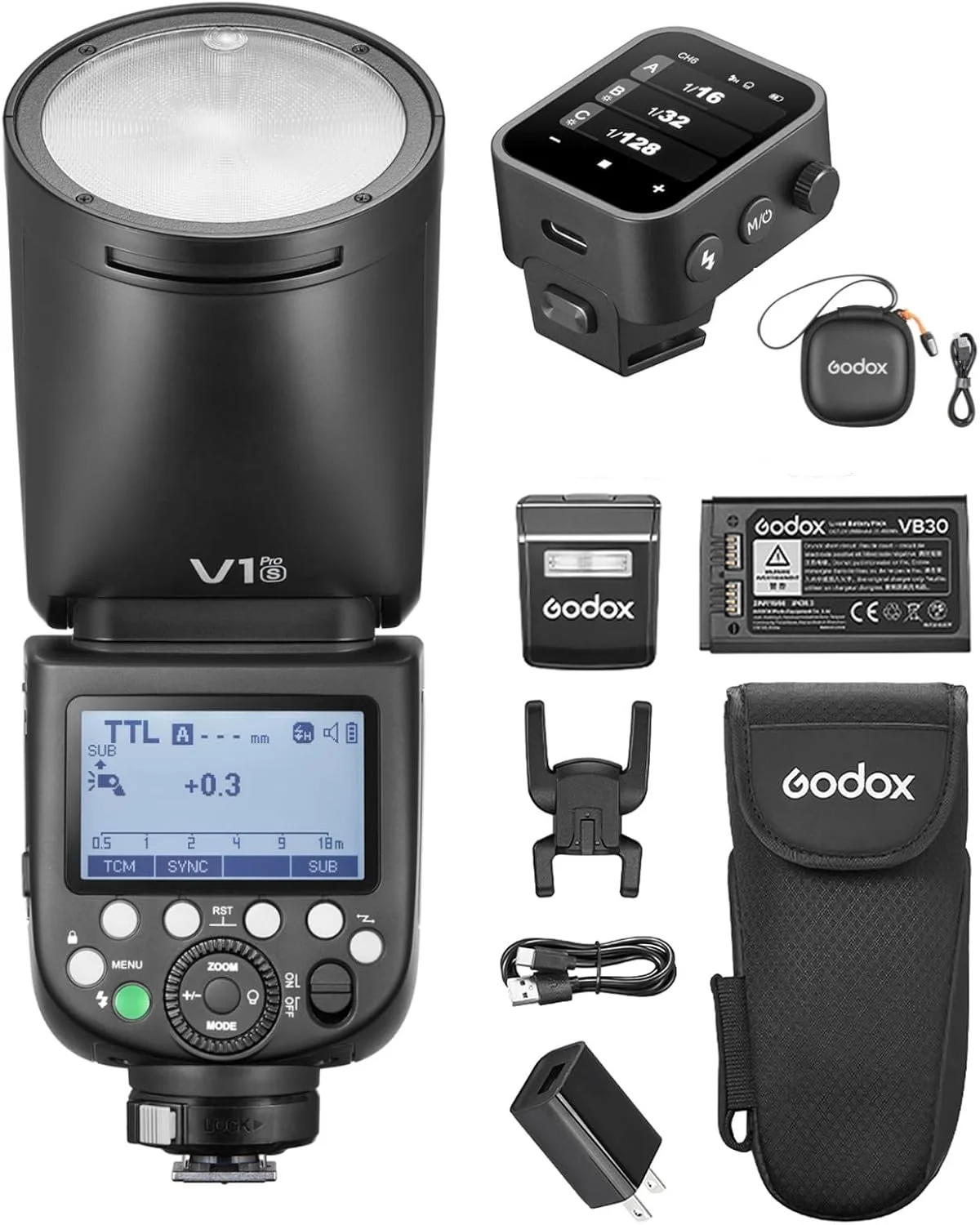 فلاش اکسترنال گرد GODOX V1 PRO S به همراه تریگر فلاش، سرعت 1/8000 ثانیه HSS، زمان شارژ مجدد 1.3 ثانیه، حالت فلاش M/TTL، 32 کانال، 22 سطح قابل تنظیم خروجی فلاش، به همراه کابل Type-C برای دوربین های سونی