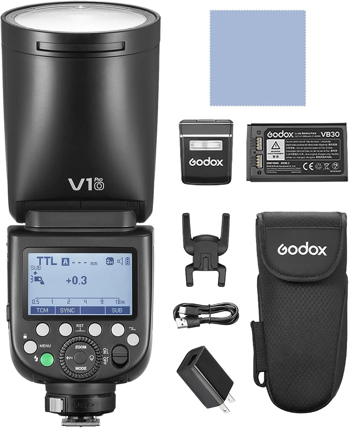 فلاش اسپیدلایت اکسترنال گودکس V1 PRO با سر گرد، زوم خودکار E-TTL II وایرلس 2.4G فرسنل، سازگار با دوربین OM SYSTEM با ولتاژ 100V-240V