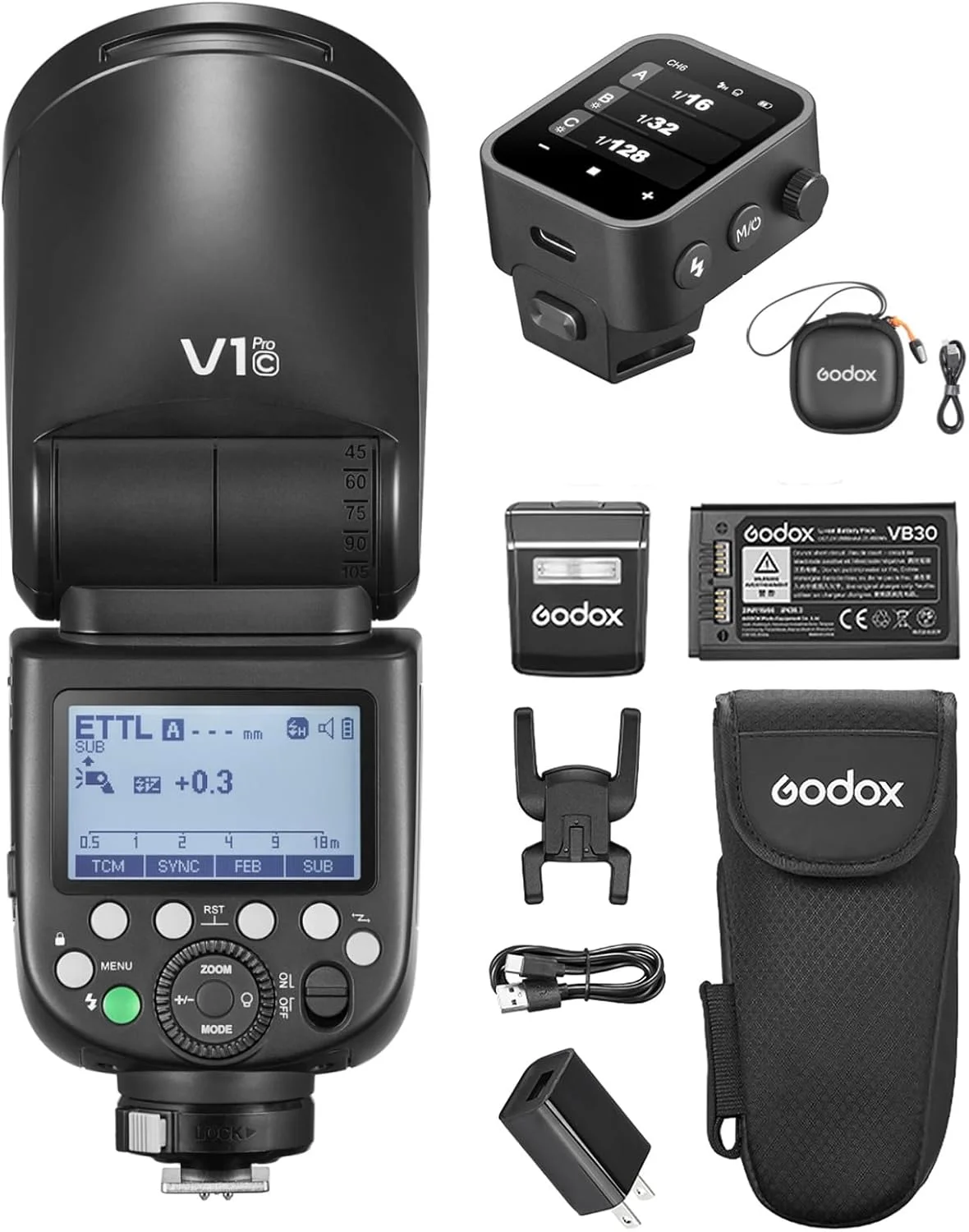 فلاش گرد GODOX V1PRO C به همراه تریگر فلاش 1/8000s HSS با زمان شارژ 1.3 ثانیه، حالت فلاش M/TTL، 22 سطح قابل تنظیم خروجی فلاش، به همراه کابل Type-C برای دوربین های Canon EOS