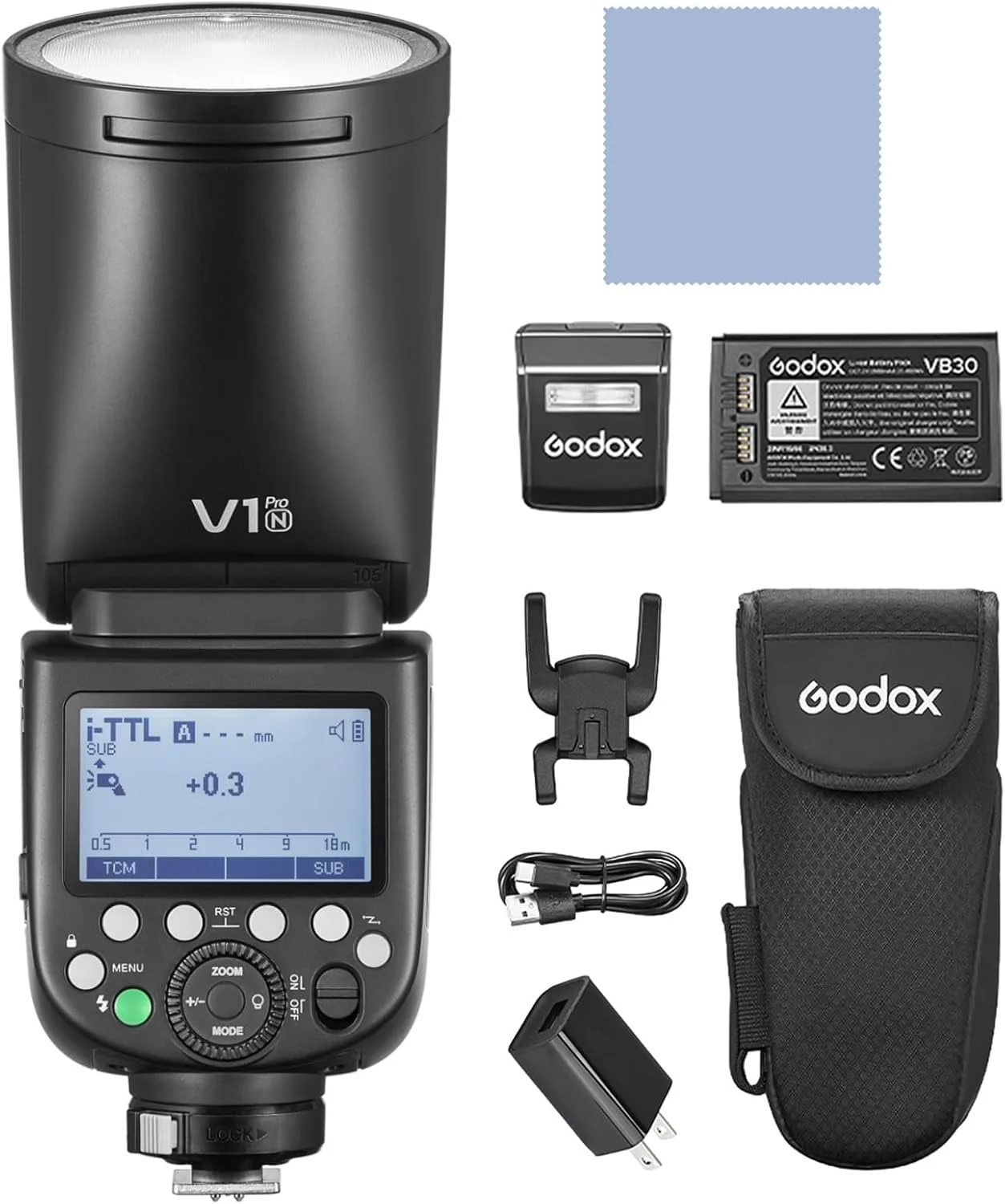 فلاش دوربین گرد GODOX V1PRO N 2.4G بی‌سیم i-TTL با حالت فلاش M/TTL، همگام‌سازی پرسرعت 1/8000 ثانیه، زمان شارژ مجدد 1.3 ثانیه با فلاش فرعی جداشدنی + 24 عدد ژل فلاش برای دوربین‌های نیکون