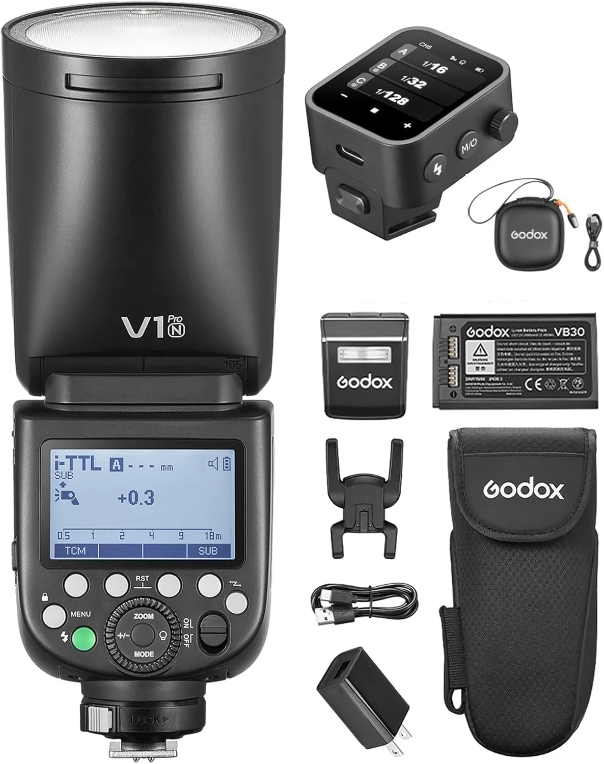 فلاش گرد بی‌سیم گودوکس مدل V1PRO N 2.4G + تریگر فلاش HSS 1/8000s با زمان شارژ 1.3 ثانیه، حالت فلاش M/TTL، 22 سطح قابل تنظیم خروجی فلاش، همراه با کابل Type-C برای دوربین‌های نیکون