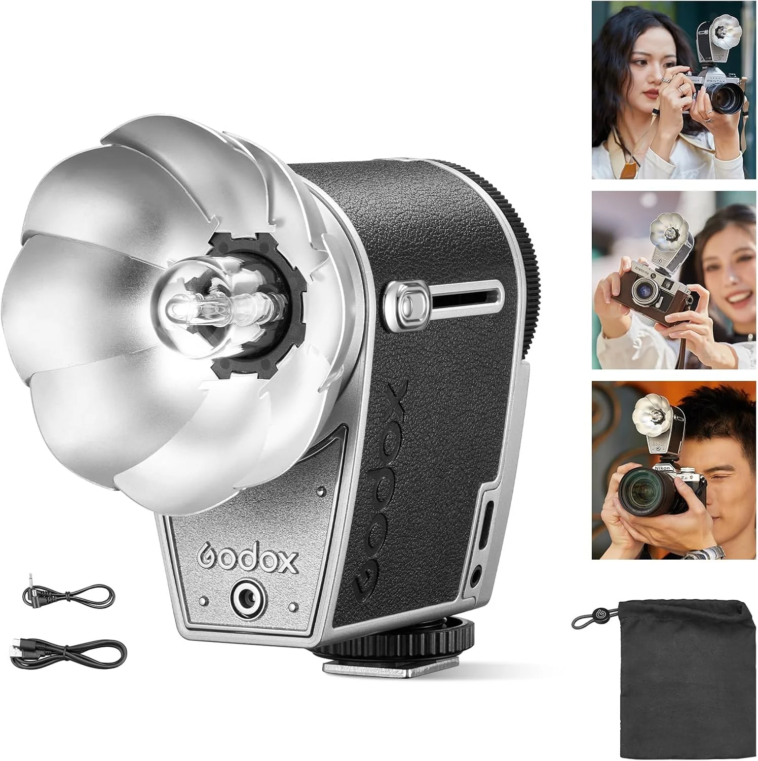 فلاش دوربین رترو GODOX lux Cadet 6200K±300K با باتری 1700mAh، GN10، حالت های خودکار و دستی، فاصله کانونی 28 میلی متر، توان فلاش 1/1-1/64 برای Fujifilm Canon Nikon Sony Olympus