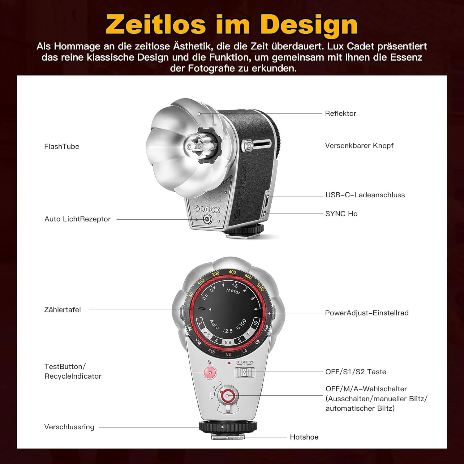 فلاش دوربین رترو GODOX lux Cadet 6200K±300K با باتری 1700mAh، GN10، حالت های خودکار و دستی، فاصله کانونی 28 میلی متر، توان فلاش 1/1-1/64 برای Fujifilm Canon Nikon Sony Olympus