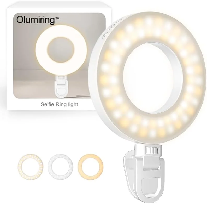 نور حلقه ای سلفی Olumiring™ با دمای رنگی 3500K-8500K، نور حلقه ای LED قابل تنظیم با گیره برای تلفن، نور پرکننده سلفی قابل شارژ برای ضبط ویدیو، ایده آل برای تماس های تلفنی، کنفرانس های ویدیویی و آرایش