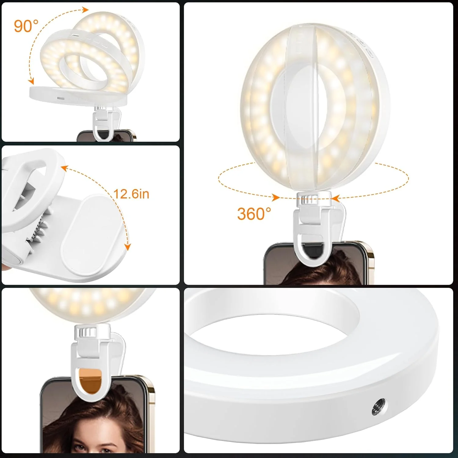 نور حلقه ای سلفی Olumiring™ با دمای رنگی 3500K-8500K، نور حلقه ای LED قابل تنظیم با گیره برای تلفن، نور پرکننده سلفی قابل شارژ برای ضبط ویدیو، ایده آل برای تماس های تلفنی، کنفرانس های ویدیویی و آرایش