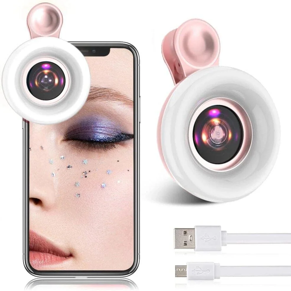 نور سلفی موبایل با لنز ماکرو 15x، چراغ حلقه ای LED قابل حمل، گیره حلقه ای جهانی