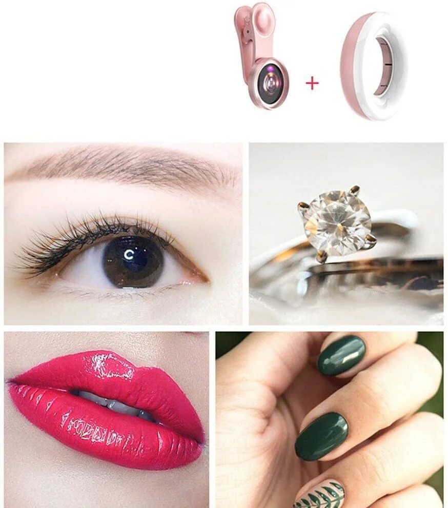 نور سلفی موبایل با لنز ماکرو 15x، چراغ حلقه ای LED قابل حمل، گیره حلقه ای جهانی