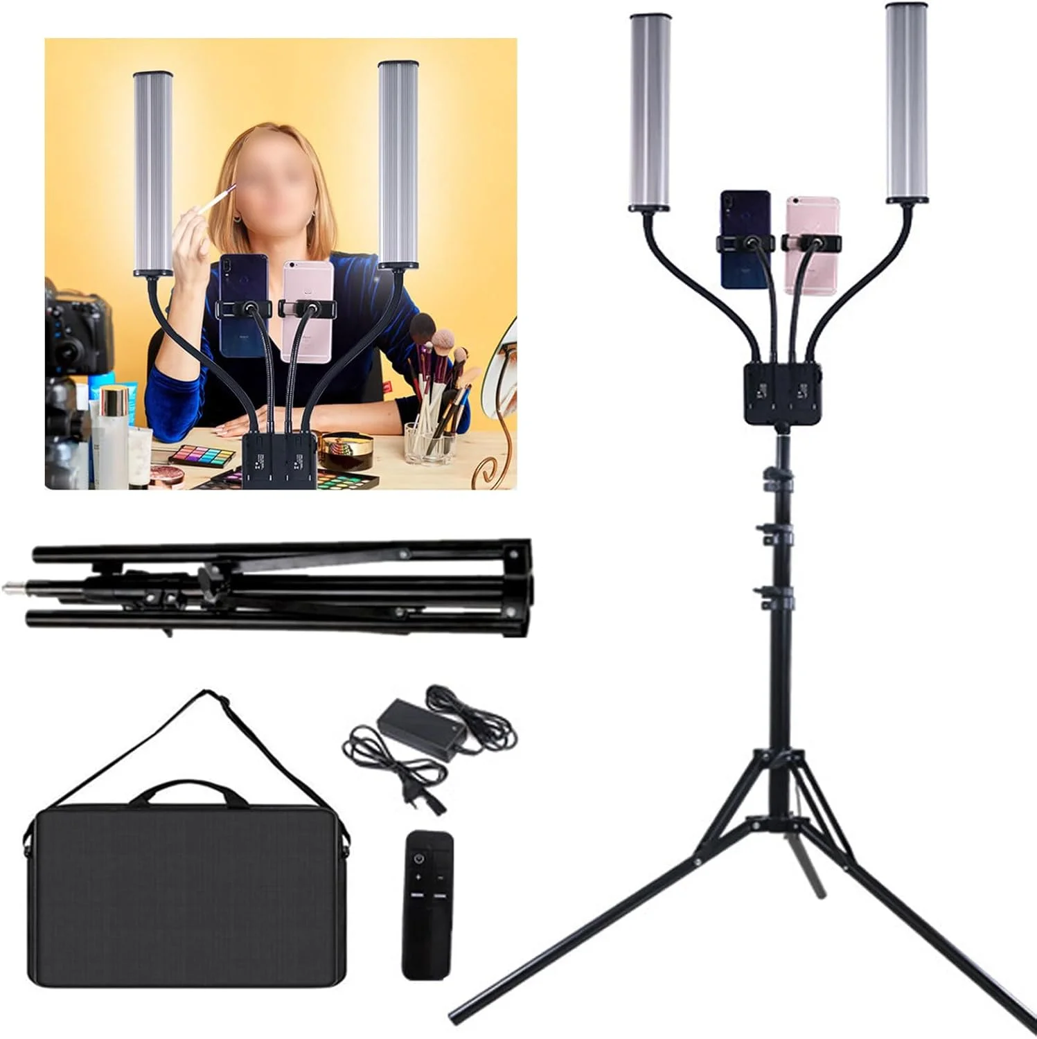 چراغ زیبایی دو بازویی 45 واتی با پایه سه پایه قابل تنظیم، چراغ کف LED کم نور شونده 3200-5600k با 2 نگهدارنده تلفن/کنترل از راه دور، برای آرایش، مانیکور، پخش زنده، مشکی