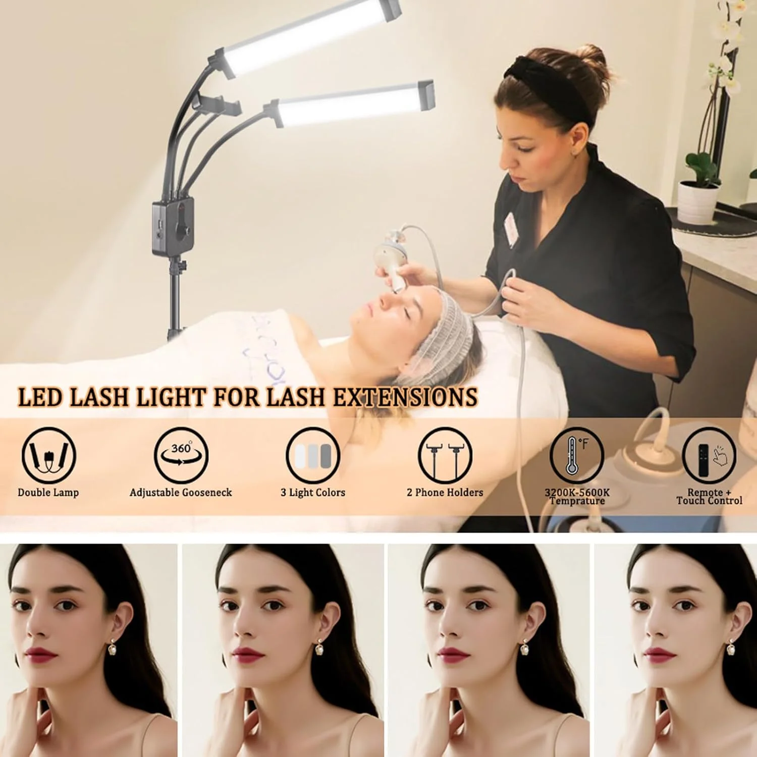 چراغ زیبایی دو بازویی 45 واتی با پایه سه پایه قابل تنظیم، چراغ کف LED کم نور شونده 3200-5600k با 2 نگهدارنده تلفن/کنترل از راه دور، برای آرایش، مانیکور، پخش زنده، مشکی