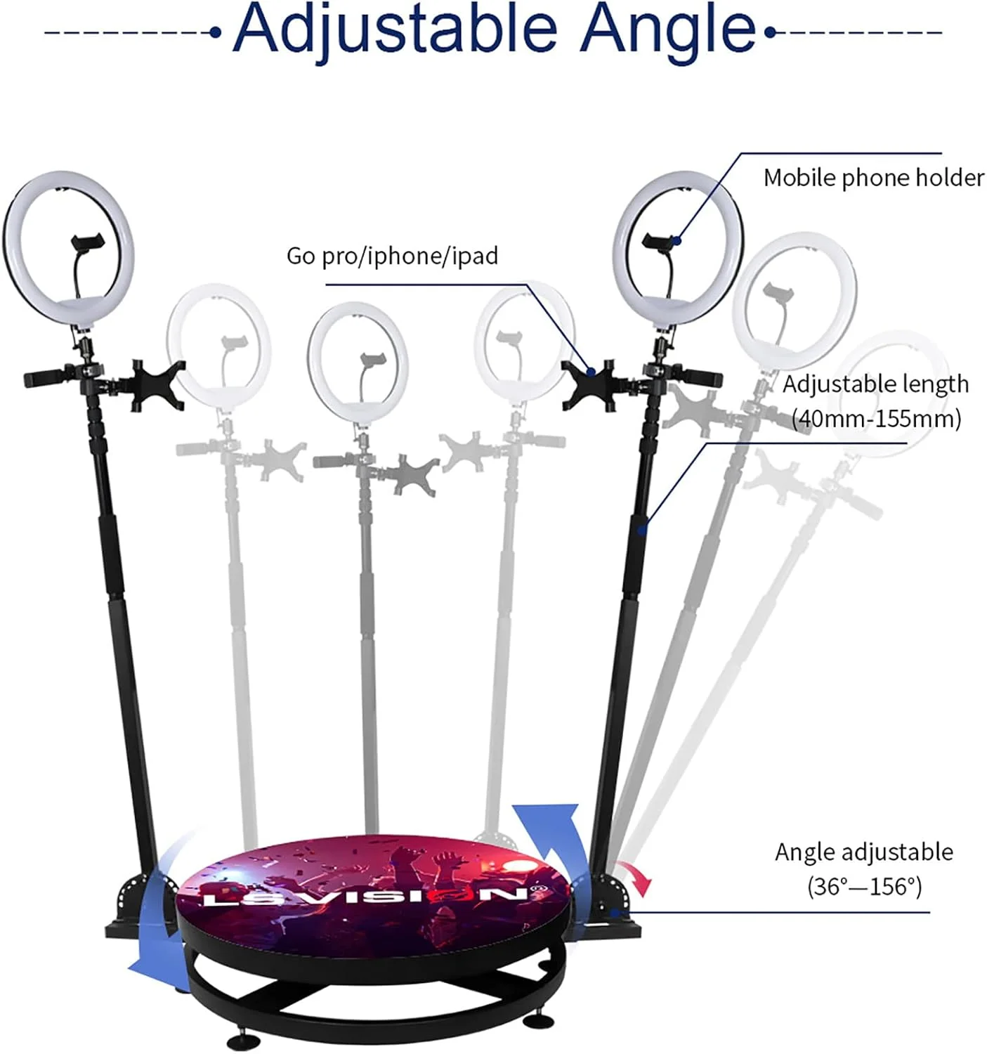 دستگاه عکاسی 360 درجه برای مهمانی ها، نور حلقه ای رایگان با هولدر سلفی و لوازم جانبی، پلتفرم چرخان دوربین فیلمبرداری 360 درجه با کنترل از راه دور، هدیه ای برای روز کودک