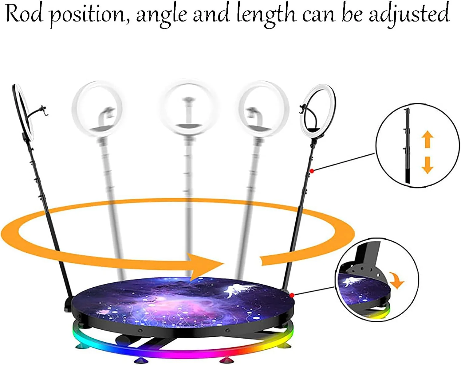 استند 360 درجه برای پخش زنده، استند عکس 360 درجه برای ایستادن افراد، دستگاه استند دوربین 360 درجه، نور حلقوی چرخان با حرکت آهسته، استند دوربین قابل حمل، استند دوربین چرخان اتوماتیک قابل تنظیم