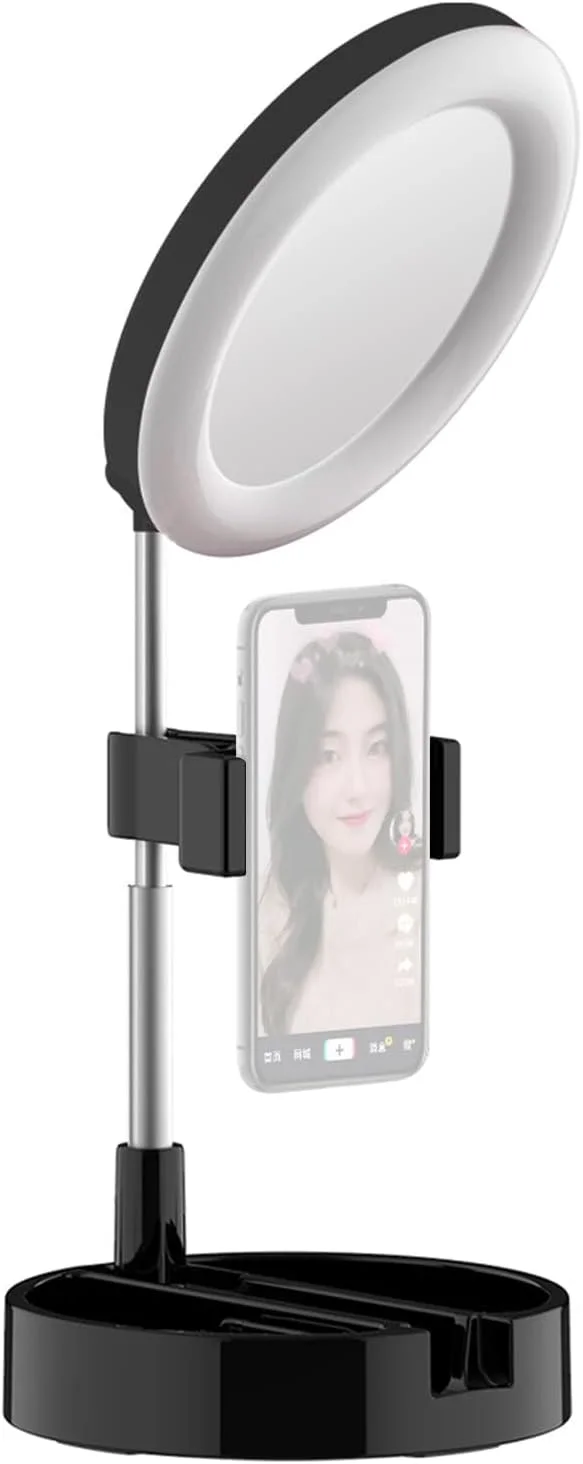 چراغ حلقه ای LED قابل حمل Irovami، چراغ رومیزی تاشو با آینه آرایش و نگهدارنده تلفن، 3 حالت رنگی و 10 سطح روشنایی برای سلفی و ویدیو چراغ حلقه ای LED قابل حمل Irovami، چراغ رومیزی تاشو با آینه آرایش و نگهدارنده تلفن، 3 حالت رنگی و 10 سطح روشنایی برای سلفی و ویدیو