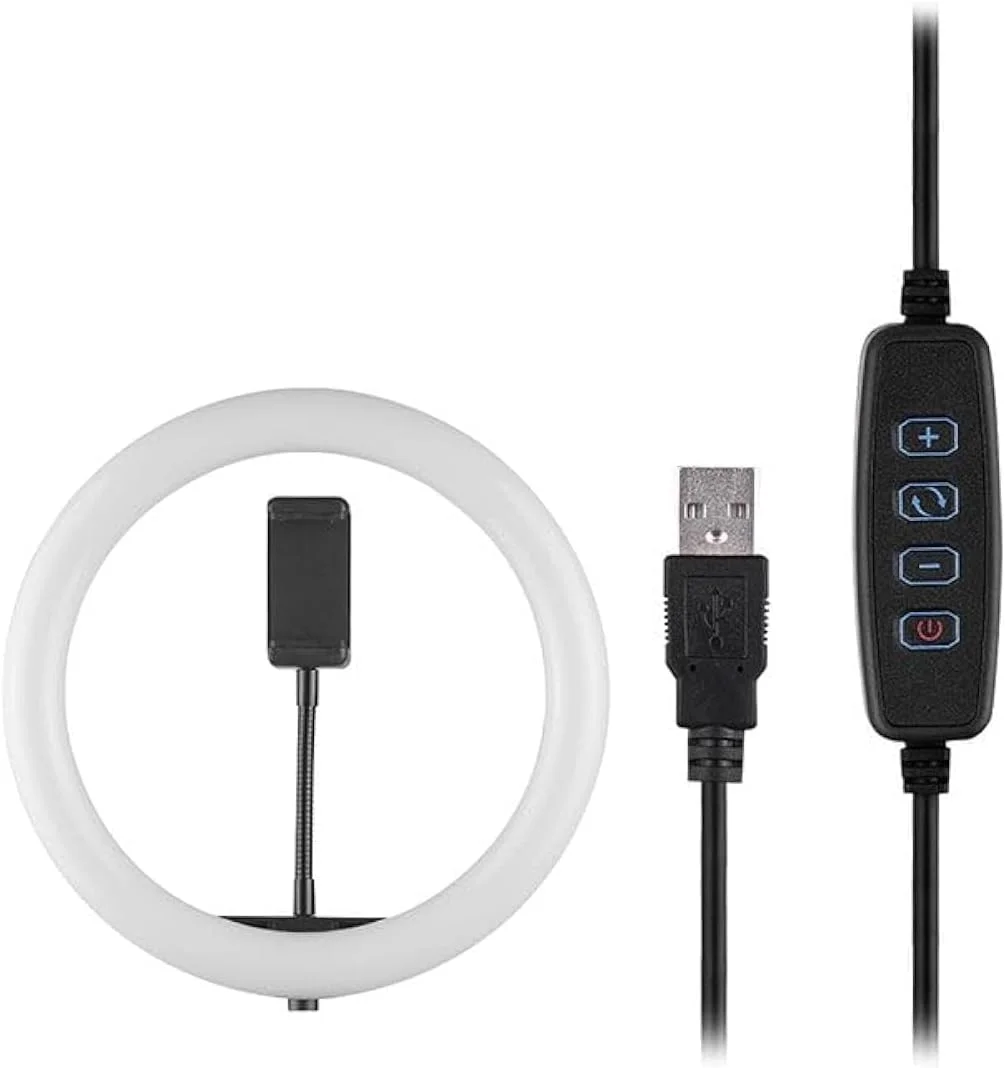 نور حلقه ای ال ای دی ویدئویی با نگهدارنده تلفن و آداپتور سر توپی سفید/مشکی چند رنگ