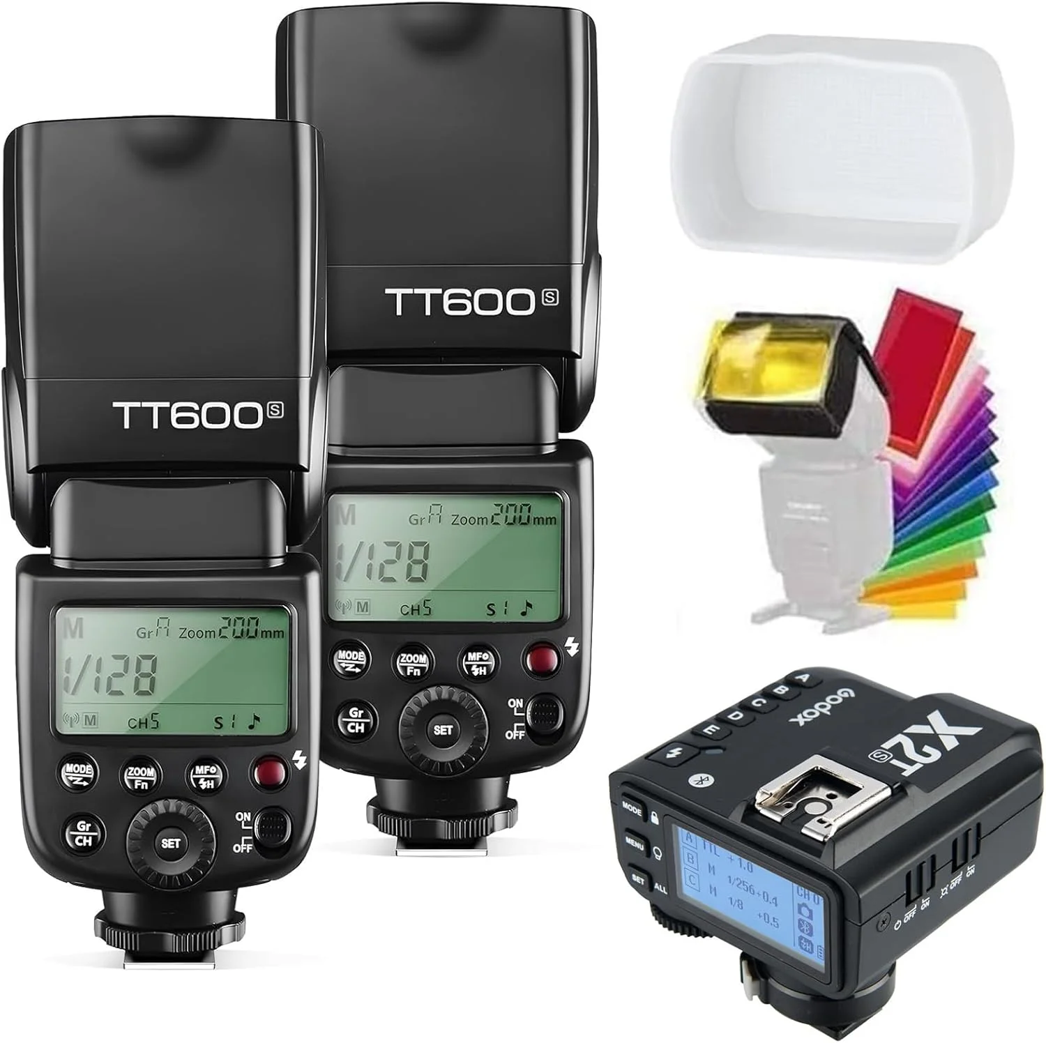 کیت فلاش گودکس 2x TT600S با تریگر برای دوربین های سونی، فلاش اسپیدلایت بی سیم HSS GN60 2.4G، فلاش Master/Slave با سیستم تریگر X 2.4G داخلی، فرستنده تریگر X2T-S، دیفیوزر و فیلترها