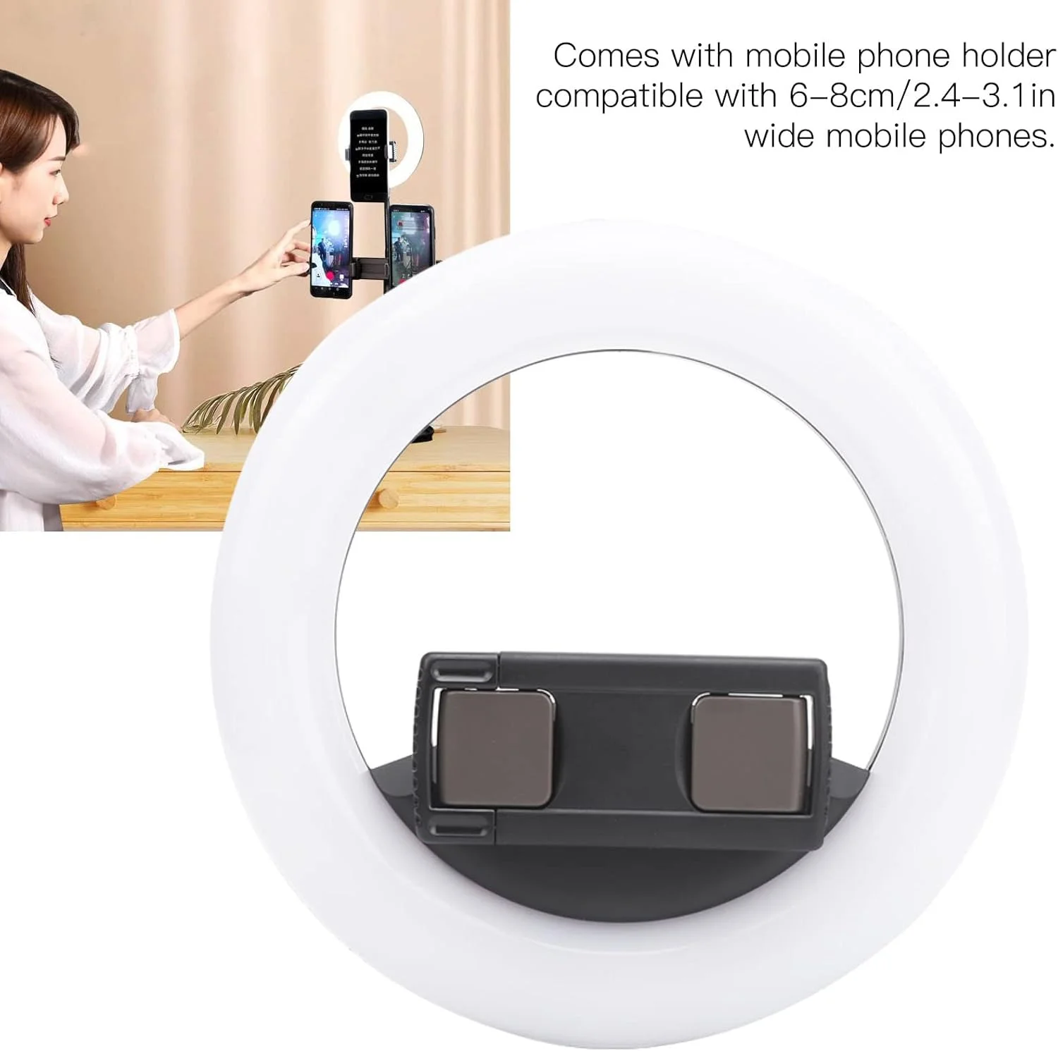 نور حلقه ای ال ای دی 6 اینچی، نور حلقه ای سلفی رومیزی، نور پرکننده زیبایی 3 حالته با نگهدارنده تلفن همراه برای پخش زنده