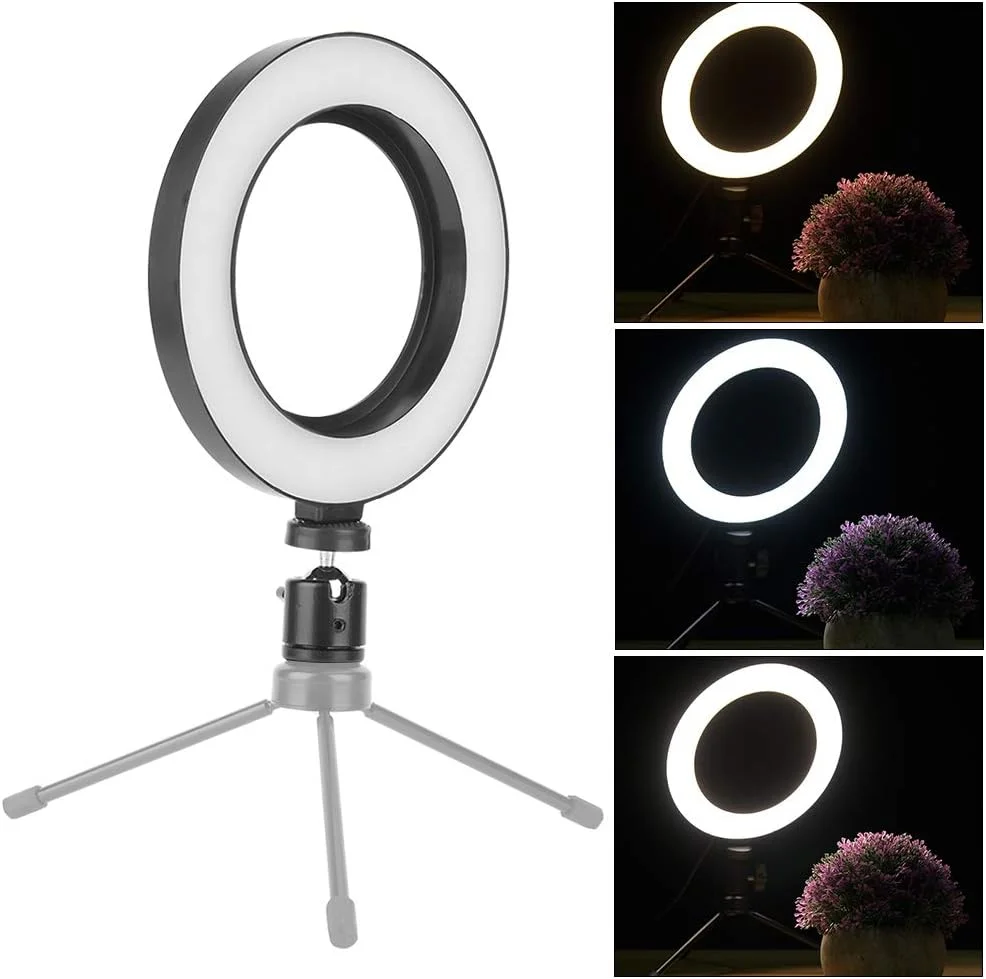 حلقه نور عکاسی 6 اینچی، سه حالت نور، تنظیم روشنایی 10 سطح، زوایای مختلف مکمل نور، توان کم، طراحی رابط USB، برای پخش زنده، عکاسی