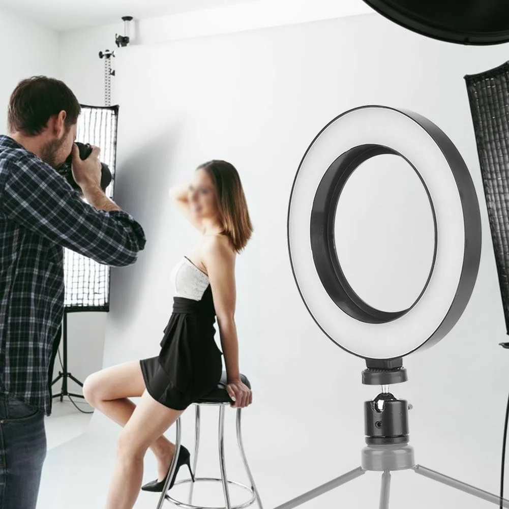 حلقه نور عکاسی 6 اینچی، سه حالت نور، تنظیم روشنایی 10 سطح، زوایای مختلف مکمل نور، توان کم، طراحی رابط USB، برای پخش زنده، عکاسی