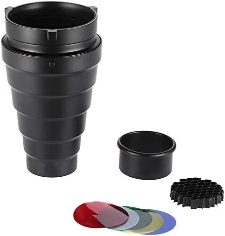 مخروطی نور عکاسی AECAM با شبکه لانه زنبوری و ۴ فیلتر رنگی برای فلاش استودیویی مانولایت با مانت بوئنز