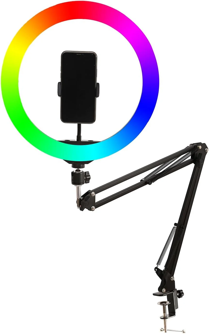 AECAM - چراغ های حلقه ای LED RGB برای عکاسی سلفی 26 و 33 سانتی متری با بازوی بلند، پایه رومیزی تبلت برای فیلمبرداری زنده و عکسبرداری از بالا و مانیکور (پایه بازویی)