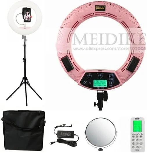 AECAM - Yidoblo FC-480 RGB چراغ حلقه ای با کنترل از طریق اپلیکیشن، چراغ LED برای ویدیو، مناسب برای زیبایی، ناخن، پوست، عکاسی، فیلمبرداری، استودیو، به همراه سه پایه (صورتی)