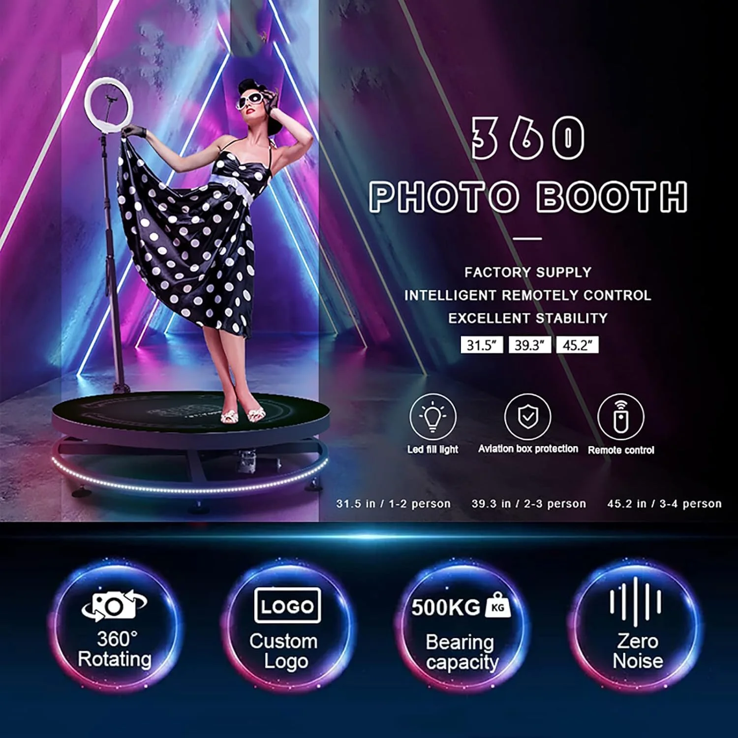 دستگاه عکسبرداری ۳۶۰ درجه برای مهمانی ها با لوگوی رایگان، حلقه نور، لوازم جانبی نگهدارنده سلفی، مناسب برای ۵ نفر، دارای کنترل از راه دور، چرخش اتوماتیک، پلتفرم اسپینر دوربین فیلمبرداری ۳۶۰