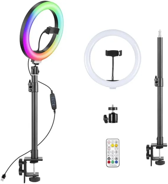 AECAM - چراغ حلقه ای سلفی RGB ده اینچی با قابلیت تنظیم نور، لامپ USB Type با پایه گیره C رومیزی، کیت نور برای ویدئو، پخش زنده، آرایش پرتره (پایه همراه با نور)