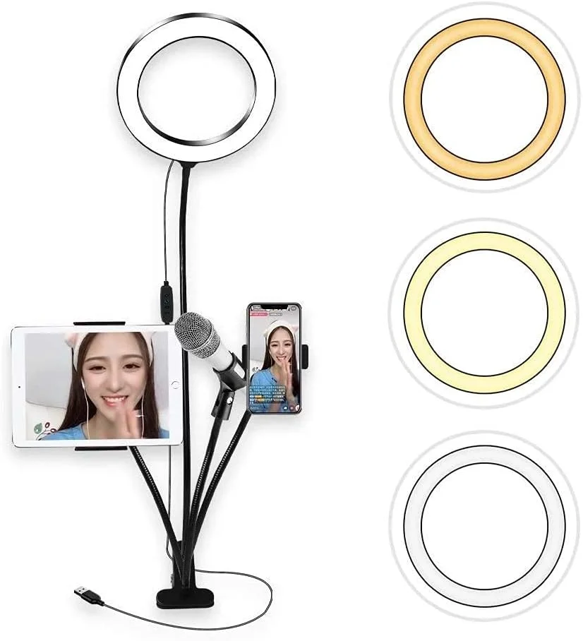 نور حلقه ای 8 اینچی FURLOU با قابلیت تنظیم نور 3200K-5500K به همراه پایه میکروفون و لوازم جانبی، مناسب برای پخش زنده