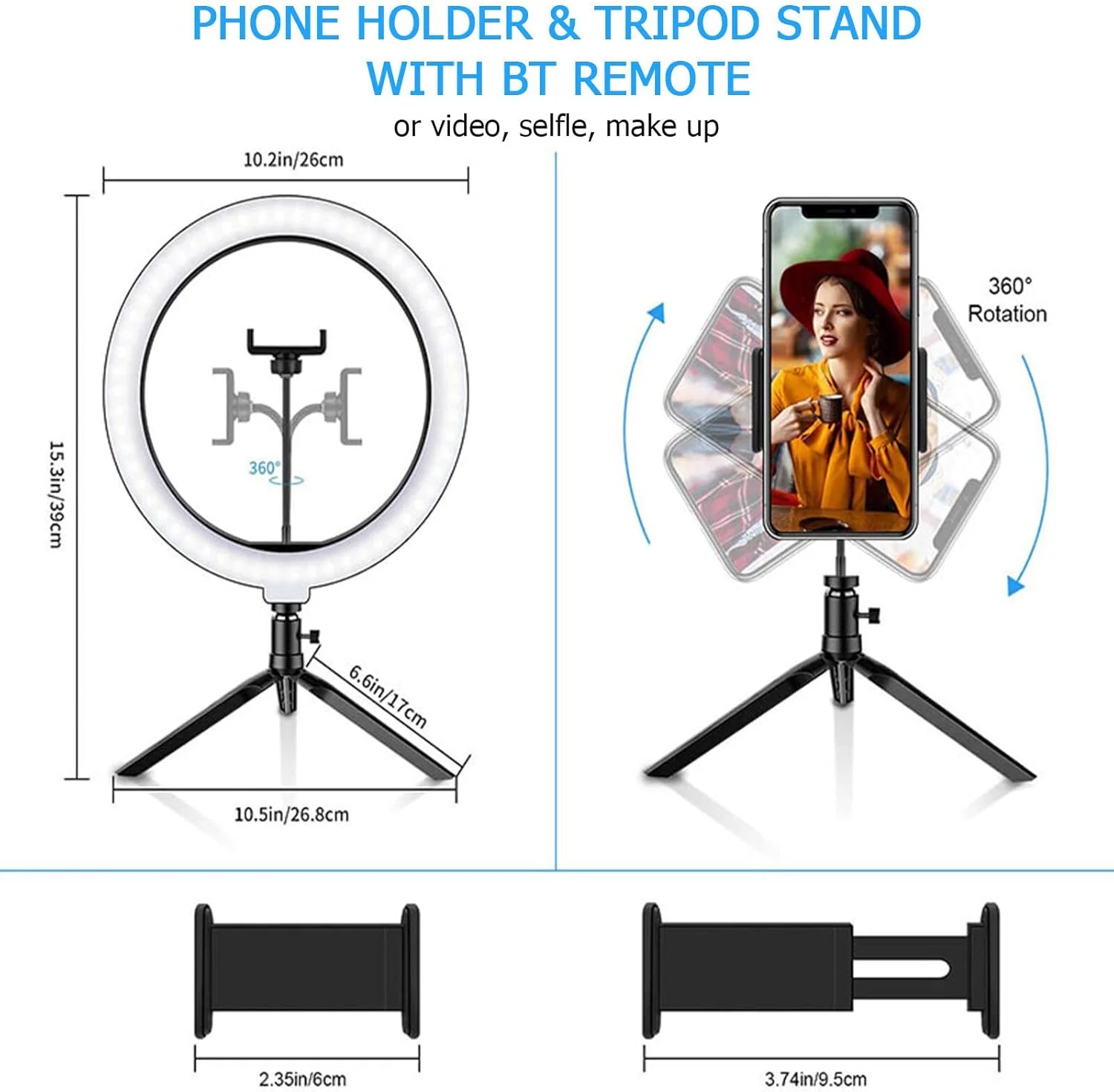 نور حلقه ای ال ای دی 10.2 اینچی با قابلیت تنظیم نور، مناسب برای عکاسی، به همراه پایه و نگهدارنده تلفن همراه، دارای ریموت کنترل بلوتوثی و تغذیه از طریق USB، مناسب برای پخش زنده و آرایش