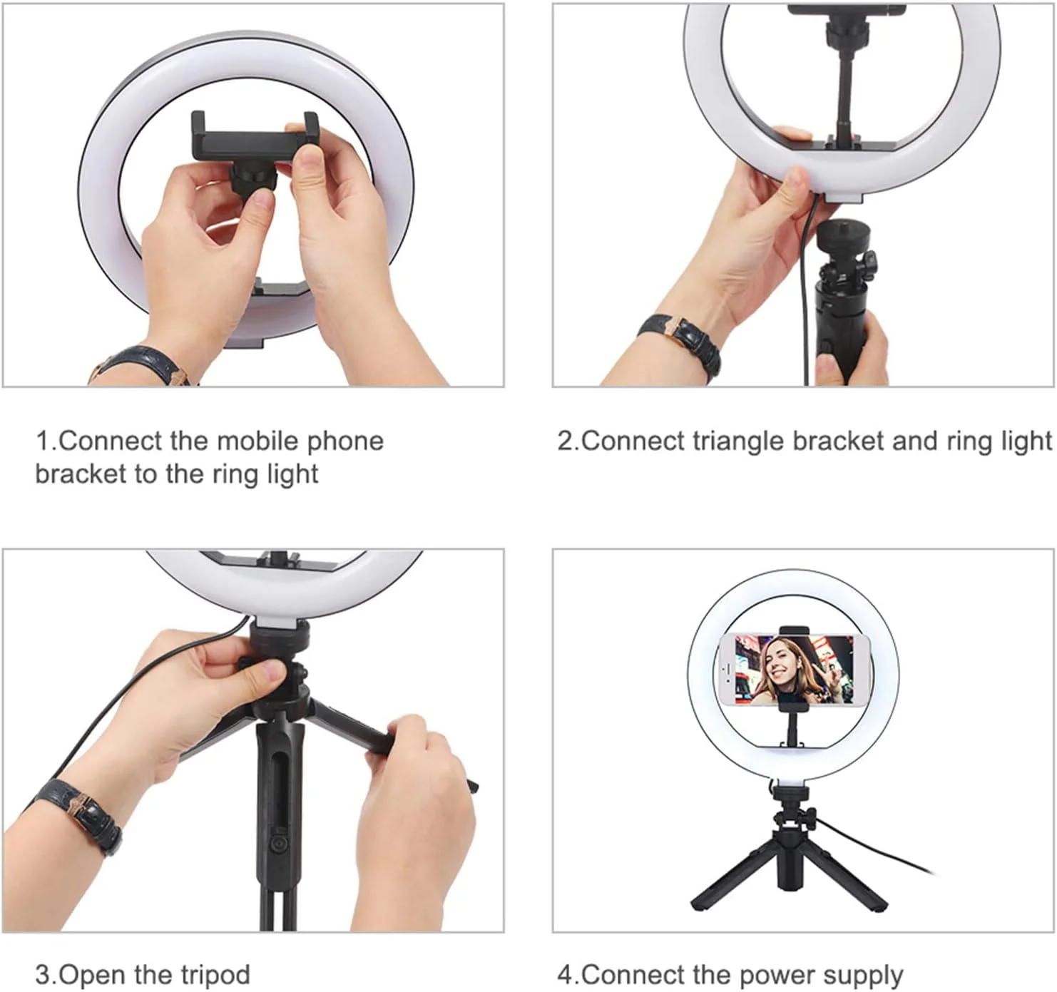 نور حلقه ای ال ای دی 10.2 اینچی با قابلیت تنظیم نور، مناسب برای عکاسی، به همراه پایه و نگهدارنده تلفن همراه، دارای ریموت کنترل بلوتوثی و تغذیه از طریق USB، مناسب برای پخش زنده و آرایش