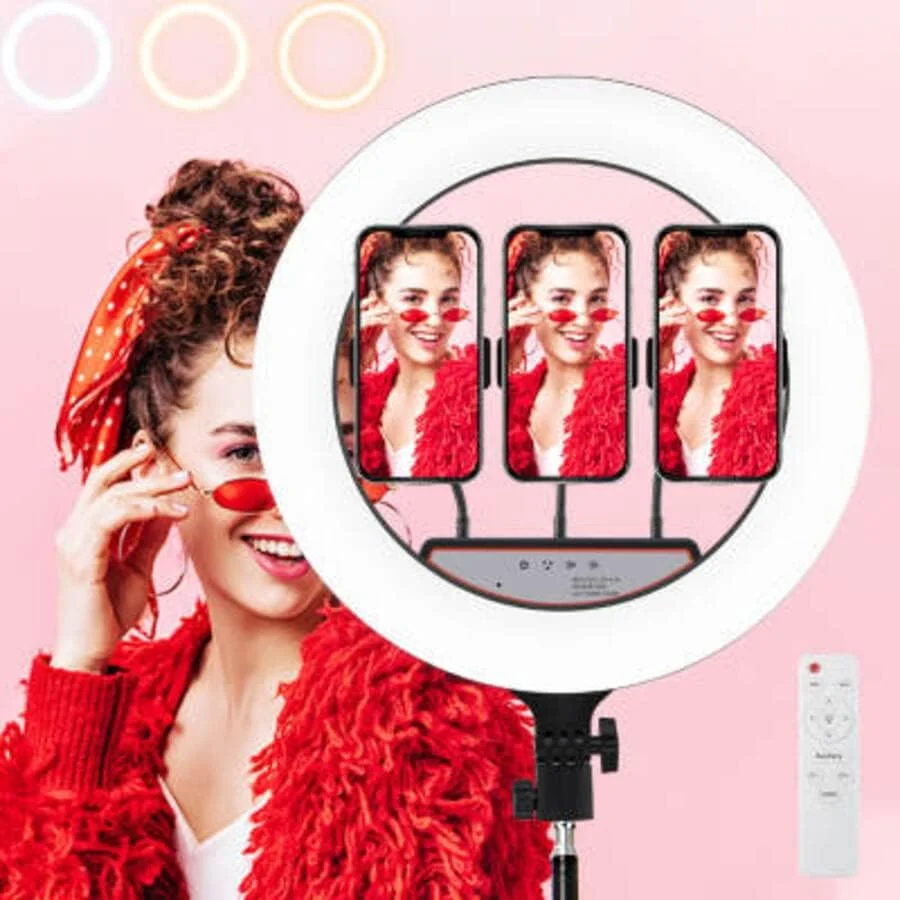 کیت نور حلقه ای ال ای دی 18 اینچی با سه پایه و پایه نگهدارنده گوشی برای عکاسی، پخش زنده ویدیو، تیک تاک، یوتیوب و ریلز