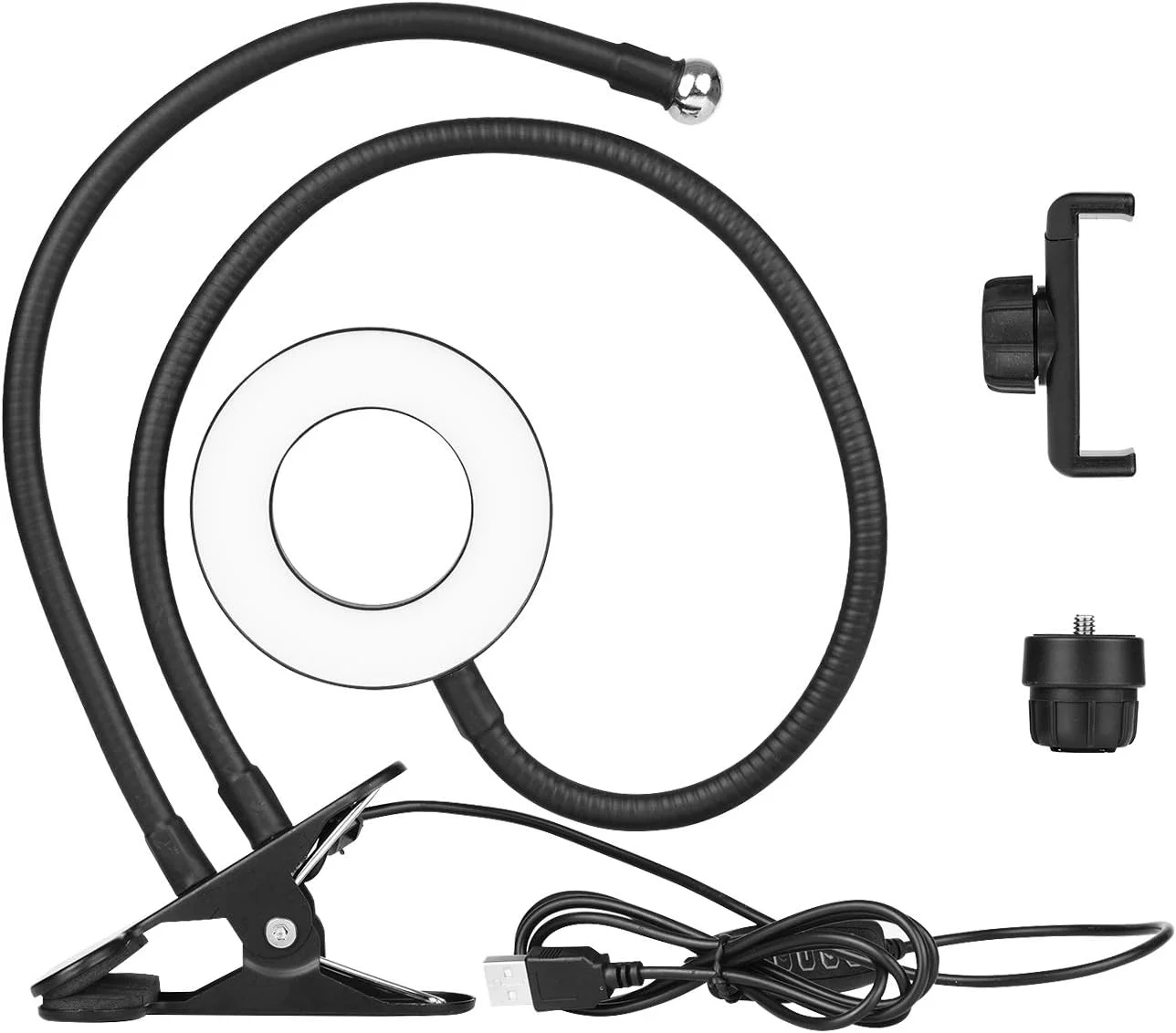 پایه نور وب کم Fawoonu با گیره 3.5 اینچی، نور حلقه ای مینی USB با 3 حالت نورپردازی، بازوهای انعطاف پذیر قابل تنظیم با پایه وب کم و نگهدارنده تلفن برای پخش زنده، ویدئو آنلاین و سلفی